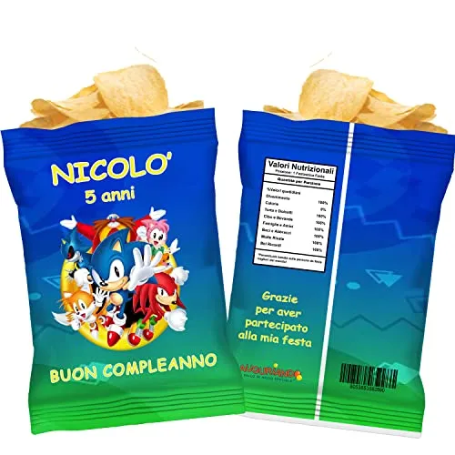 10 Buste Patatine Personalizzate Festa Compleanno Sonic da 25gr. monoporzione Regalini Gadget fine festa a tema bambini