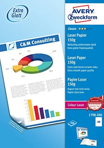 Avery Zweckform 1798-200 - Carta lucida per stampante laser a colori, formato A4, grammatura: 150 g, confezione da 200 fogli