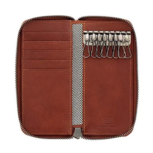 Antica Toscana Portachiavi in Vera Pelle a 8 ganci con Cerniera Zip Around e 5 tasche Porta Carte di credito Terracotta