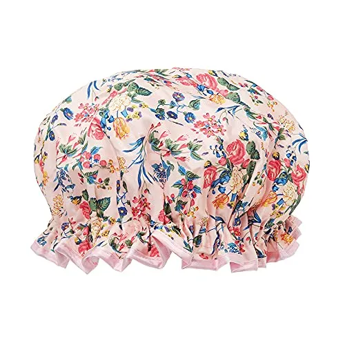 The Vintage Cosmetic Company Shower Cap Elasticated and Waterproof Keeps Hair Dry and Fizz Free Pink Floral Design