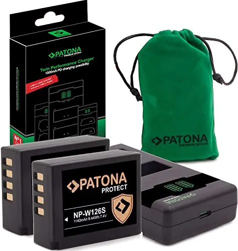 PATONA V1 Protect - 2 batterie NP-W126s (1140 mAh), con sensore NTC e alloggiamento V1, con caricatore USB PD Performance 161957 (max. 1000 mA)