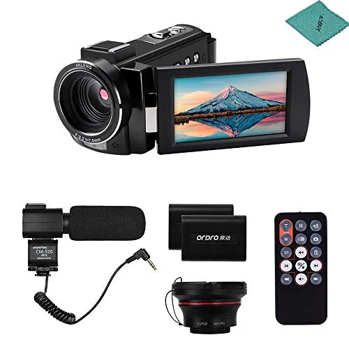 ORDRO Videocamera 4K, Touch Screen Ultra HD IPS WIFI da 3,0 Pollici, Zoom Ottico 16x Camera, Microfono Esterno, Obiettivo Grandangolare per Microfono HDV-AE8