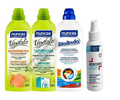 NUNCAS AMMORBIDENTE VEGETALE PER BUCATO + VEGETALE SAPONARIA LAVATRICE + DETERSIVO BIOLINDO + COSMI IGIENIZZANTE SPRAY