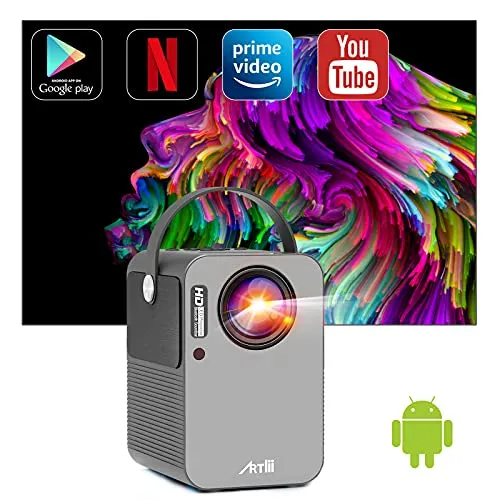 Proiettore Smart Android TV 9.0 Artlii Play Pro Proiettore Full Hd Supporta 1080p Wifi Bluetooth, Mini Portatile Correzione 4D ± 45° AC3 Stereo Home Theater con Netflix, Prime Video