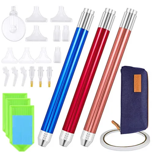 MeetorySet di 3 penne a LED per pittura a diamante, con 16 testine di ricambio per penna, 20 pezzi di colla per pittura e colla, sacchetto per punto croce, kit per pittura a mosaico e nail art