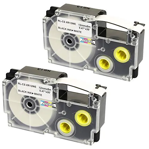 2 x Compatible Ribbon XR-12WE XR-12WE1 Black on White Label Tapes (12mm x 8m) for Casio Label Printing Machines