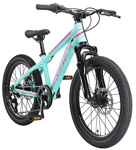 BIKESTAR MTB Mountain Bike 20" Alluminio per Bambini 6-9 Anni | Bicicletta Telaio Pollici 11.5 velocità Shimano, Hardtail, Freni a Disco, sospensioni | Turchese