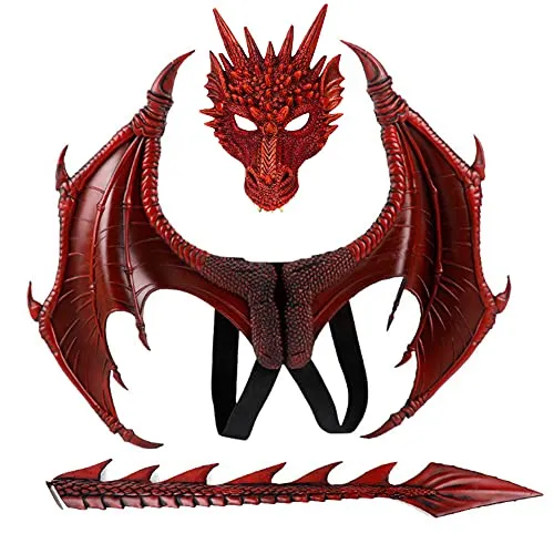 YAHUIPEIUS Set di ali di drago di Halloween per bambini, con ali di drago, maschera e coda per bambini (rosso)