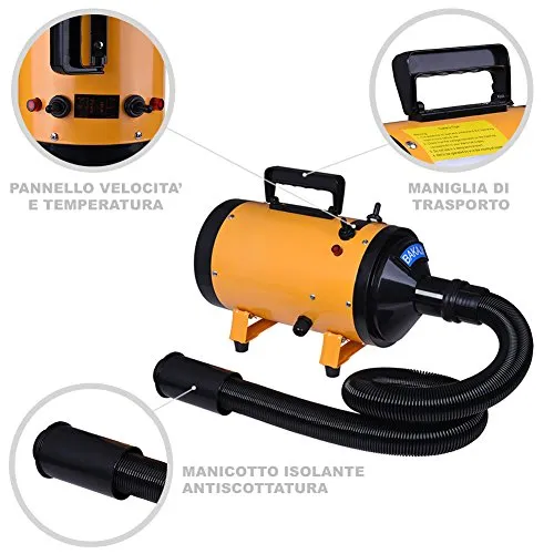 Asciuga Cani Soffiatore Pet Dry Pulsore Phon per Cani Gatti Animali Potenza 2800 W con Accessori 3 Beccucci 2 velocità e 2 Temperature Selezionabili