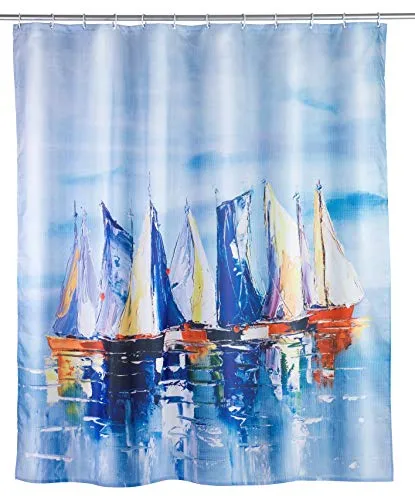 WENKO Tenda doccia Sailing - lavabile, con 12 anelli per tenda da doccia, Poliestere, 180 x 200 cm, Multicolore