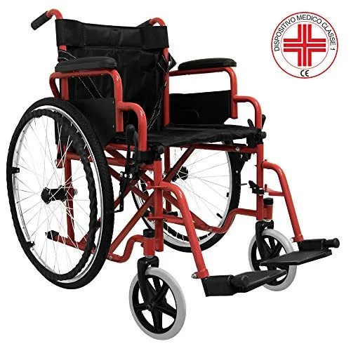 MedicalPharm® Carrozzina Sedia a rotelle ad Autospinta, Sedia a Rotelle Carrozzina Carrozzella Per Anziani e Disabili, Vano Portaoggetti, Sedia Con Pedana e Seduta lavabile, Modello B Rosso