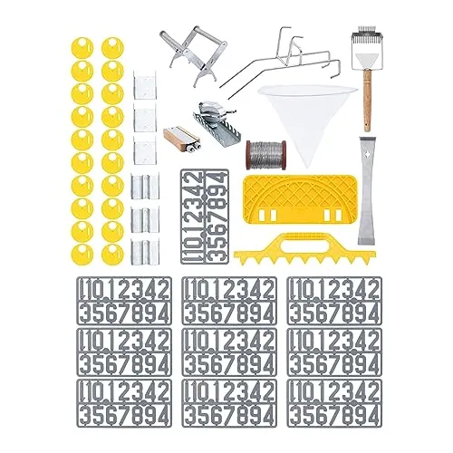 Wiesenfield WIE-BEESET-7 - Set di 45 pezzi, scalpello a nido d'ape, per escursioni, cifre, supporto per secchio, per apicoltore, set per principianti