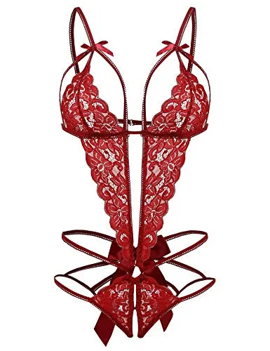 EVELIFE Body Donna Sexy Pizzo Collo Profondo V Babydoll Uno Pezzo Biancheria Intima da Notte Trasparente Aperto Lingerie Completi Intimi (Rosso Medium)