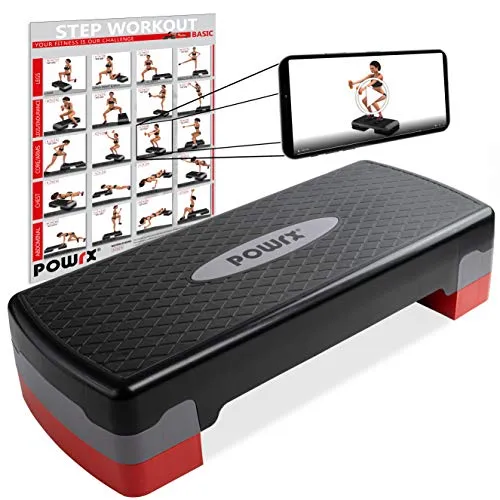 POWRX Step da Aerobica (68 x 28,5 cm) - Stepper Fitness Ideale per »Esercizi in casa« - Altezza Regolabile e Superficie Antiscivolo + PDF Workout (Nero/Rosso)