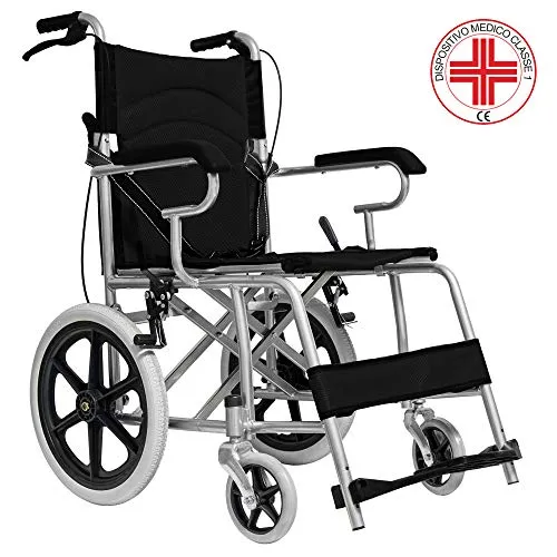 MedicalPharm Carrozzina Pieghevole Per Disabili Sedia Rotelle Spinta Assistita Con Leva Freno,Telaio In Alluminio a Doppia Crociera,Tasca Portaoggetti,86 x 58 x 93 cm Portata 150 kg,Nero