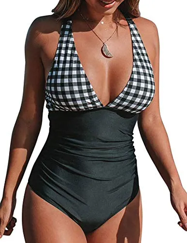 CheChury Costume da Bagno Intero Donna Sexy Push-up Imbottito Bikini V Scollo Tankini Spiaggia Costumi da Mare e Piscina Swimsuit Monokini