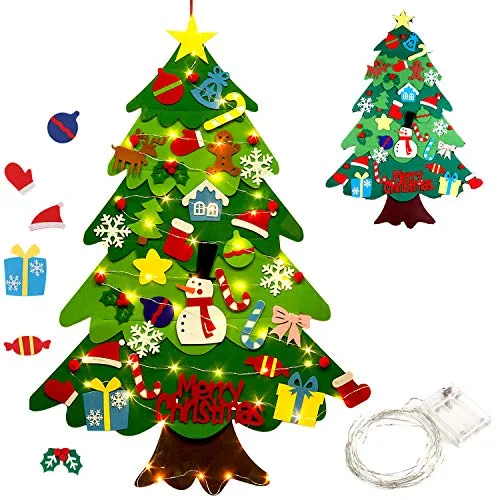 Feltro Albero Natale, Outgeek Albero di Natale fai-da-te 3.2ft Impostato con 50 luci a LED 32 pezzi Ornamenti Albero di Natale per Bambini regali di Natale Decorazione della Parete della porta di Casa