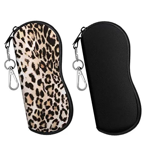 MoKo Custodia per Occhiali da Sole, [2 pacchi] Astuccio Portatile a Cerniera di Neoprene Morbido con Clip da Cintura, per Occhiali, Montature, Cosmetici, Chiavi, Penne, ECC - Nero + Leopardo