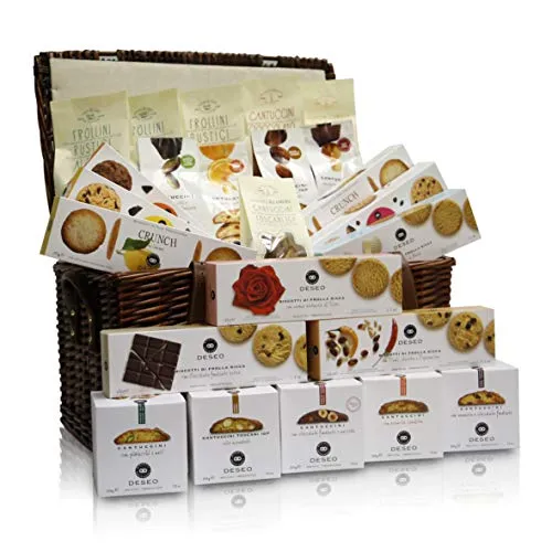 Elegante Cesto Natalizio con 24 Confezioni di Biscotti Assortiti e Cantucci Italiani Deseo