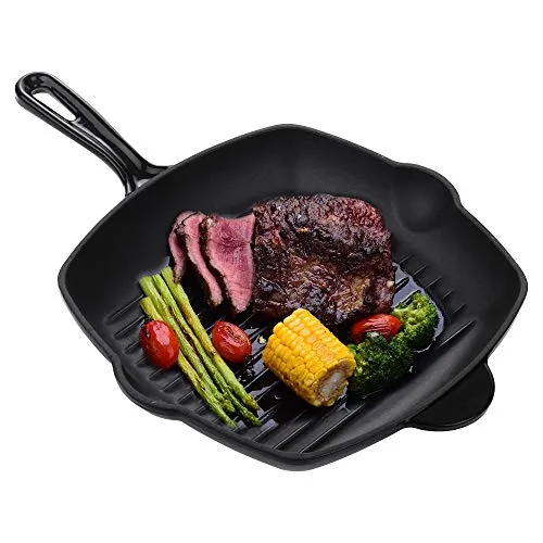 Velaze Bistecchiera Antiaderente in Ghisa, 11" Bistecchiera BBQ Rettangolare, Padelle Grill, Grill Pans con Manico Adatta a Tutti Piani Cottura, Induzione e Forno - Nero (29.5 x 30.5 cm)