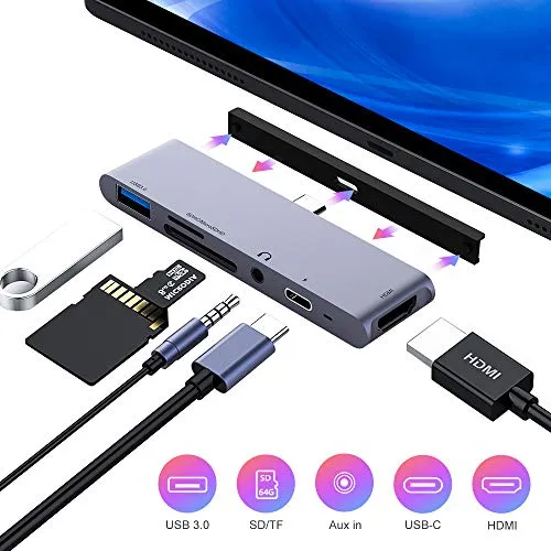 FLYLAND USB C Hub, 6 in 1 USB C to 4K HDMI Adapter with USB3.0, SD/TF Card Reader, 3.5mm Headphone Jack, PD Charging, HDMI Converter Compatible with iPad PRO 11"/12.9" 2018 & MacBook PRO 2019 (Grey)
