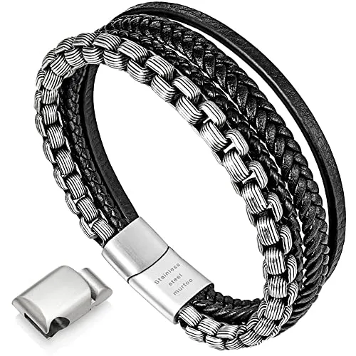 Murtoo Bracciale Uomo Pelle e Catena Acciaio Braccialetto con Chiusura Magnetica Pacco Regalo per L'uomo (Nero Argento, 21.5)