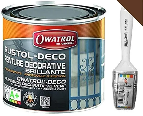 Owatrol DECO Vernice Smalto protettivo, Primer antiruggine, perfetto per Ferro (anche zincato), Legno, PVC, Plastica, Tegole. Finitura Lucida (0,75 Lt, Marrone RAL 8028)