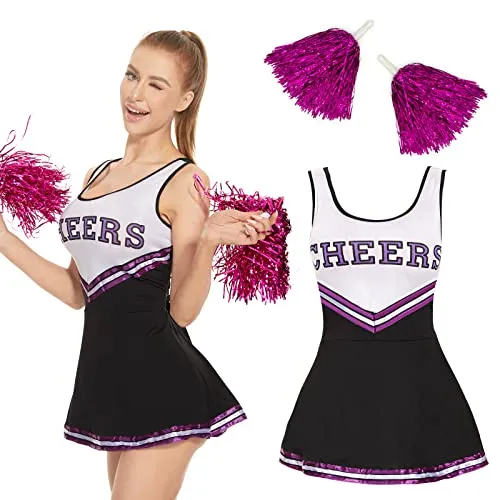 FORMIZON Costume da Cheerleader per Ragazze, Uniforme da Cheerleader, Ragazze Costume da Cheerleader con Pompon, Raggaze Vestito Carnevale Halloween Cheerleadering (Nero-M)