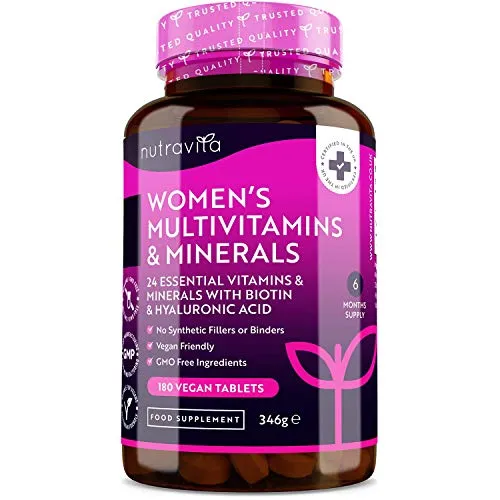 Multivitaminico e Multiminerale Donna - 24 vitamine e minerali attivi essenziali tra cui biotina e acido ialuronico - 180 compresse vegane - Senza riempitivi o leganti sintetici - Nutravita