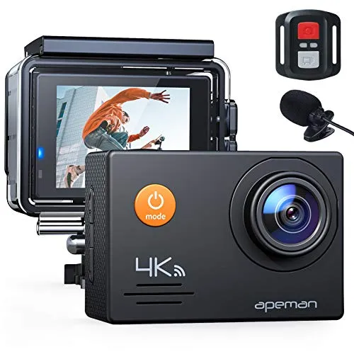 APEMAN Action Cam 4K HD WiFi 16MP con Telecomando e Microfono Esterno 40M Impermeabile Fotocamera Subacquea EIS Stabilizzazione Videocamera Time Lapse Slow Motion con 2 Batterie e Accessori Kit