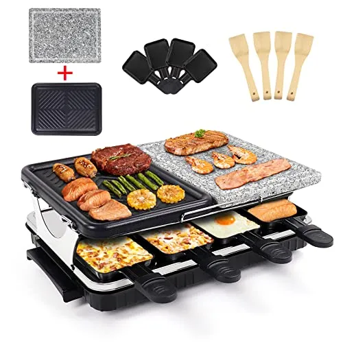 Raclette Grill con Pietra Ollare Naturale e Piastra Griglia in Alluminio, 2 In 1 Grill Elettrica per 8 Persone, Include 8 Padelle, Termostato Regolabile, 1300W Nero