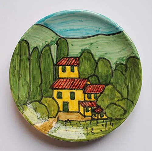 Paesaggio Toscano-Piatto di ceramica decorata a mano, diametro cm 16 alta cm 2,4.Made in italy,Toscana Lucca,creato da Davide Pacini.