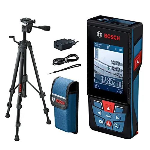 Bosch Professional Distanziometro laser GLM 120 C, fotocamera, trasferimento dati Bluetooth, 0,08 – 120 m; con cinturino di trasporto, cavo micro-USB e caricabatteria, custodia protettiva, Treppiede