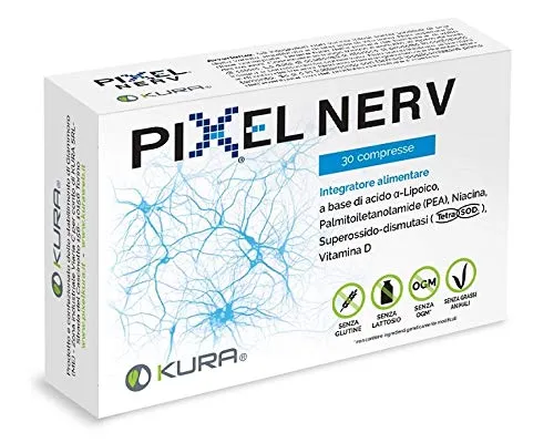 PIXEL NERV è un integratore alimentare a base di Acido Alfa-lipoico, PEA, SOD, vitamina B3, Vitamina D ad azione antiossidante e neuroprotettiva, Compresse