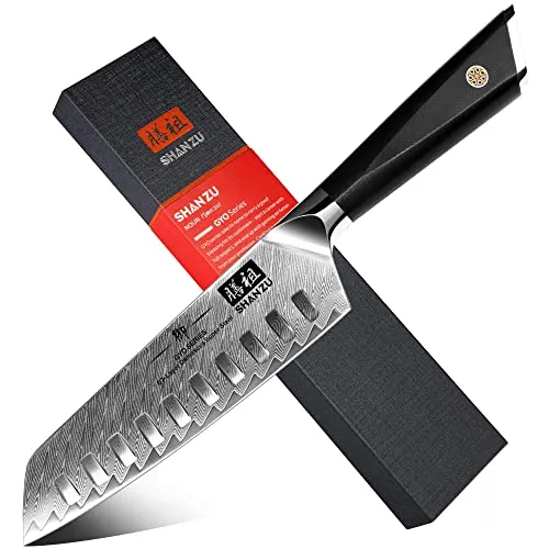 SHAN ZU Coltelli Santoku, Coltello da Cucina Damasco, Coltello Giapponese in Acciaio AUS10 Damasco 67 Piani, Maniglia Ergonomica G10, Lama affilata, Perfetta per Tagliare Verdure, Frutta e Carne