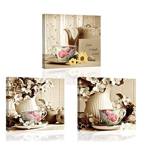 Stampe e quadri su tela Tazza di caffè retrò, Vaso elegante Piy painting Immagine Pittura Tela Wall Art Canvas Impermeabile per Amante e famiglia Home Room Decor Regalo di Anniversario 30x30cm 3er