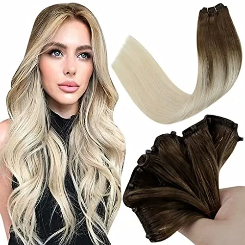 LaaVoo Extension Microring Tessitura 16pollici/40cm Naturale Capelli Tessitura Ring 50 Grammo Un Pezzo Easy Weft/EZE Weft Lisci Human Hair 12" Width Marrone Chiaro Balayage Bionda #8/59