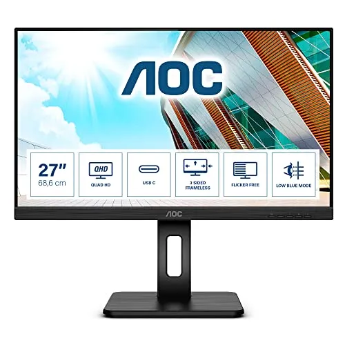 AOC Q27P2CA - Monitor LED - 27" - 2560 x 1440 QHD @ 75 Hz - IPS - 300 cd/m² - 4 ms - 2xHDMI, DisplayPort, USB-C
