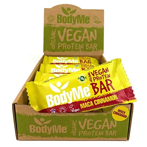 BodyMe Barrette Proteiche Vegan Bio | Cruda Maca Cannella | 12 x 60g Barretta Proteica | Senza Glutine | 16g Proteine Vegane Complete 3 Proteine Vegetali Tutti Amminoacidi Essenziali | Snack Proteici