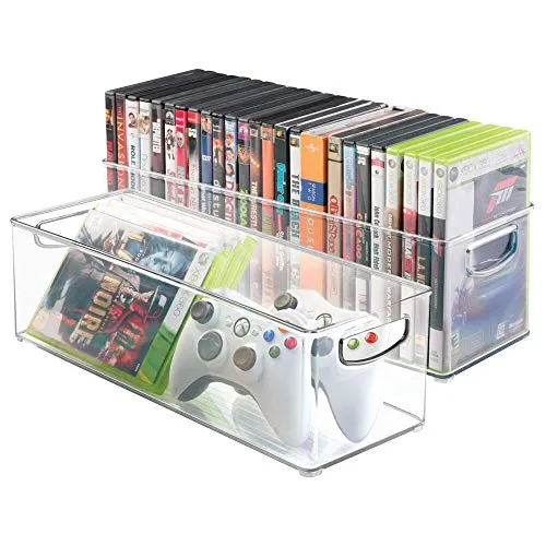 mDesign set da 2 contenitori in plastica porta DVD – perfetti anche per videogiochi, Blu Ray o come organizer ufficio – Colore: trasparente