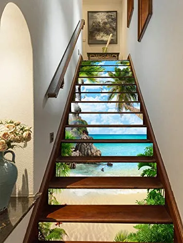 FLFK 3D Estate Palma Albero Spiaggia Autoadesiva le scale alzata Murale Vinile decalcomania Adesivi per scale decorazione 39,3 pollici x7,08 pollici x 13 pezzi