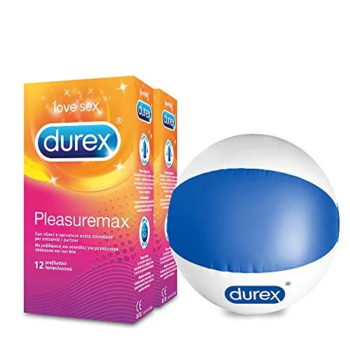 Kit 2x Durex Pleasuremax Preservativi Stimolanti con Nervature 24 Profilattici Più Pallone Da Mare Brandizzato Durex