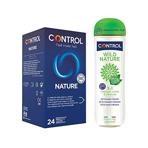 Control Natural Mix cofanetto di 24 preservativi classici e gel massaggio 3 in 1 con 99,4% di ingredienti ad origine naturale