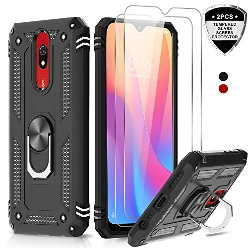 LeYi Cover per Xiaomi Redmi 8A / Redmi 8,Custodia con Pellicola Protettiva in Vetro Temperato [2 Pack], 360° Rotante Anello Magnetica Supporto Difesa Militare TPU Silicone Custodia per Redmi 8A Nero