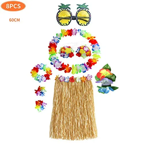 Set Costume Hawaiano ，Hula Gonna in Erba con Fiori Costume Set, Elastico Luau Erba e Hawaiano Fiori Braccialetti, per Hawaiian Decorazioni per Feste