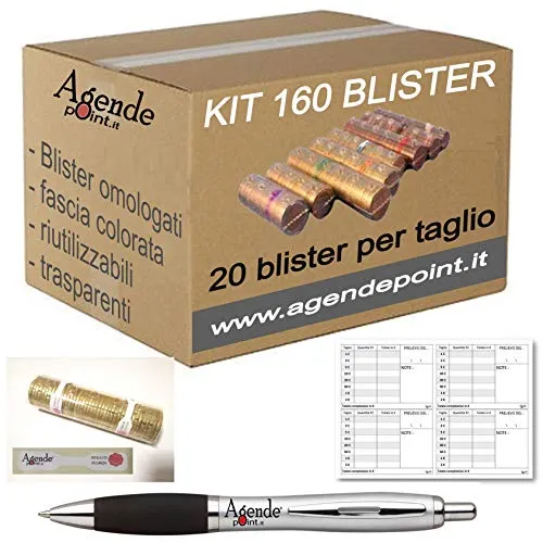 KIT160 Blister contenitori per monete Euro 160 pezzi assortiti (20 pezzi per taglio) con mastrino, sigilli e penna