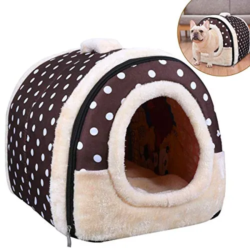 OZUAR 2 in 1 Cane Letto House Cat Igloo Pet House e Cuscini del Divano Pieghevole Inverno Caldo Molle del Cane Rimovibile per Gatto Cane Puppy Rabbit Coffee DOT (45 × 35 × 35 cm)