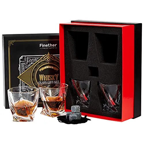 Finether 4 Bicchieri da Whisky in Cristallo con 4 Pietre di Granito Riutilizzabili, 340ML Bicchieri da Vino/Set di Whisky Stones senza Piombo per Whisky, Cocktail,Bourbon,Succo, Regalo per uomo