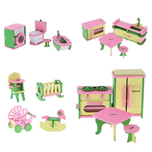 MagiDeal 4 Set Di Casa Bambola Miniatura Stanza Bagno Cucina Mobili Accessori Giochi Bambini Legno