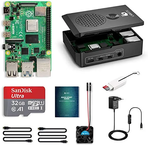 LABISTS Raspberry Pi 4 Model B 4GB RAM Kit con Barebone, MicroSD 32GB, Tipo C Alimentatore 5.1V 3A, Ventola, 2 Micro HDMI, Lettore di Scheda e Case